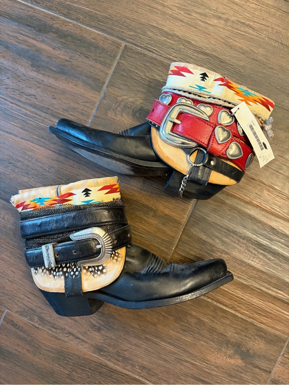 Western Ankle Boots with Colorful Aztec Cuff - Black & Red